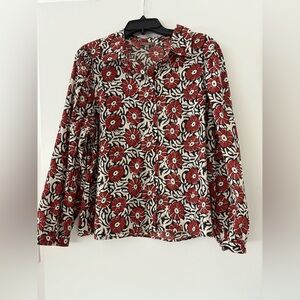 Lilla P Floral Red and Black Puff Balloon Sleeve Button Up Women's Shirt